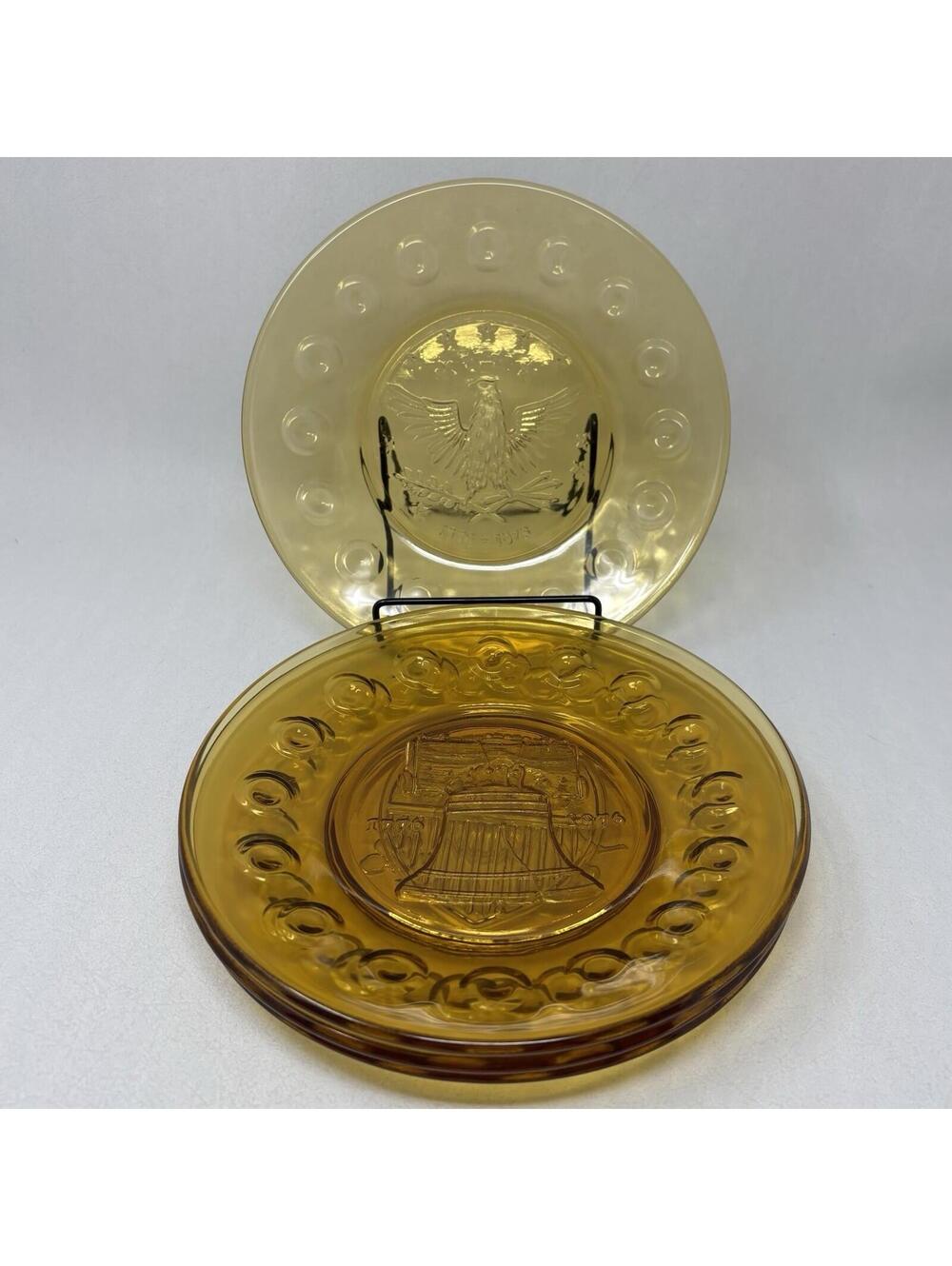VTG Amber Glass Bicentennial Salad Plates Set America 250 Semiquincentennial EUC